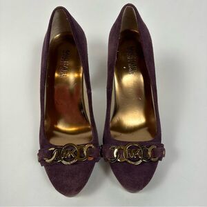 Michael Kors Women’s Purple Suede Platform Dress Heels Pumps Gold MK Logo 6